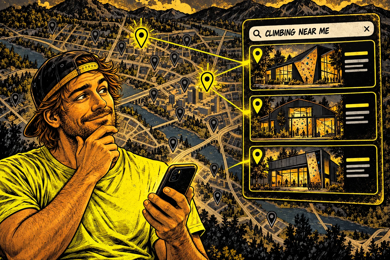 City map with climbing gym pins, three of them highlighted in a "climbing near me" search result panel