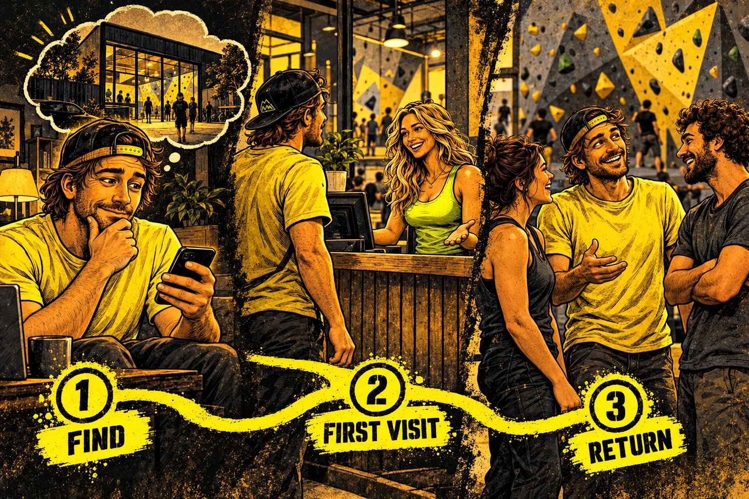 Three steps a climbing gym has to win: find, first visit, return
