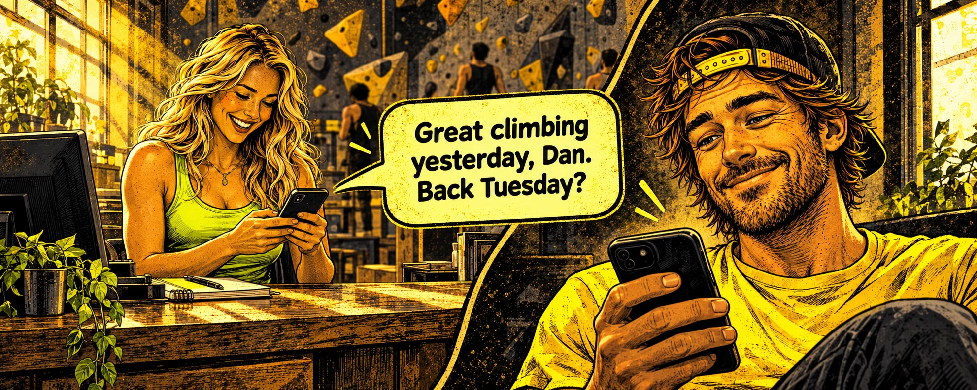 Climbing gym front desk texting a first-time visitor the next morning: great climbing yesterday, back Tuesday?