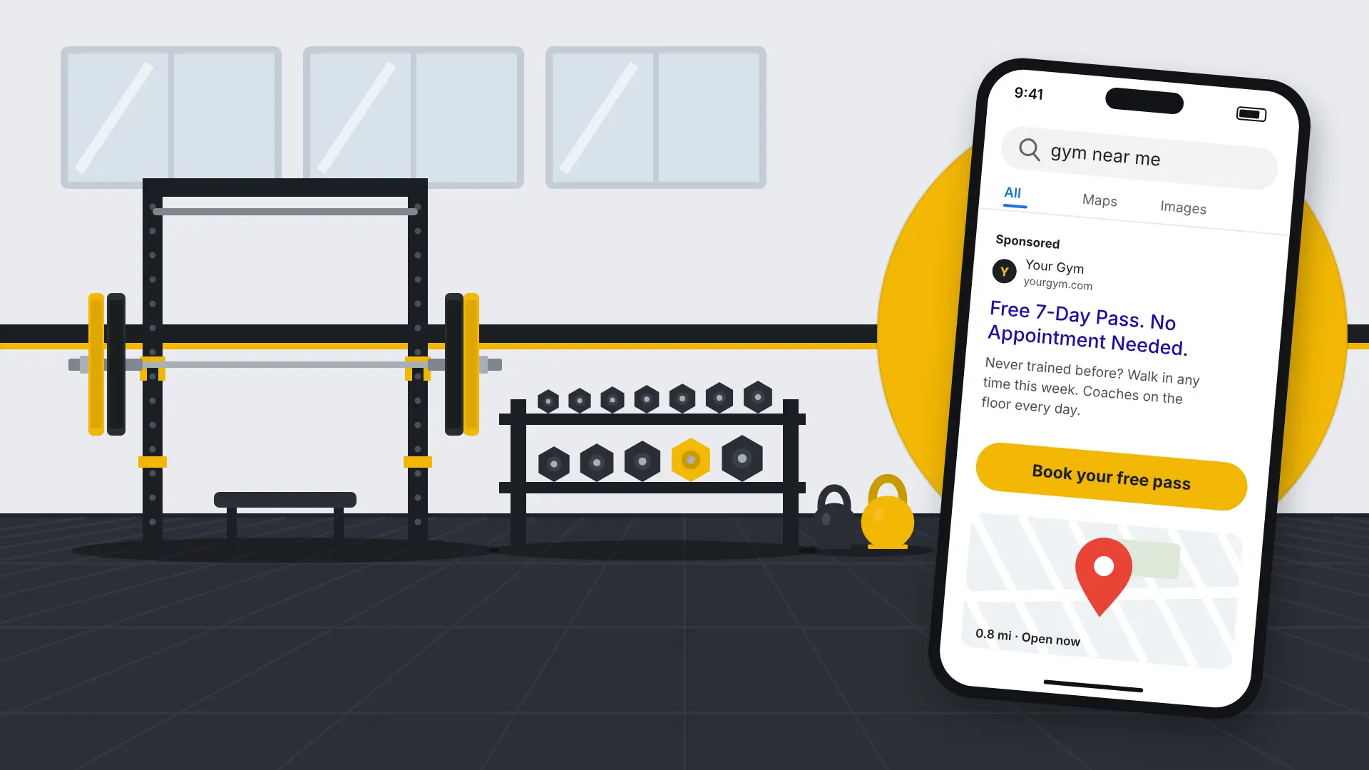Gym advertising: a phone showing a gym near me search ad for a free 7-day pass, in front of a gym with a power rack and dumbbells
